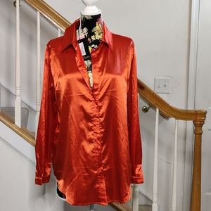 PrettyLittleThing Orange Satin Button Down Shirt